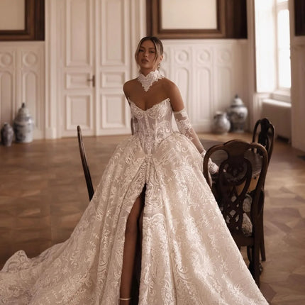 Sexy Lace Appliques Wedding Dress A-line Long Bridal Gown Customized New Detachable Sleeve Dresses For Bride
