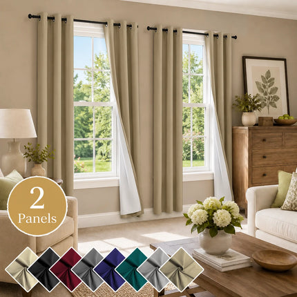 2 PCs Thermal Insulation 100% Blackout White Coating Curtains for Bedroom, Privacy Protection Noise Reduction Room Darken Grommet Top Curtains for Office, Living Room, Dining Room