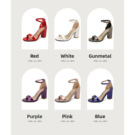 Women Ankle Strap Block Heel Sandals 8.5CM Patent Leather Shoes Big Size 32-48 Multicolor 7882