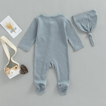 infant Newborn Baby Boys Girl Solid Footies Set, Round Neck Long Sleeve Button-Down Ribbed Feet Wrap Jumpsuit + Hat