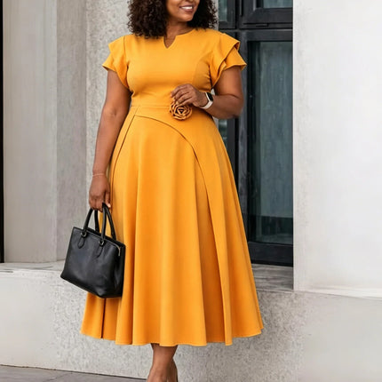 Elegant Dresses for Women 2026 V Neck Short Sleeve High Waisted Floral Decorate Pleated Mid Calf Birthday Party Dinner Vestidos