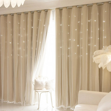 1pc 100% Blackout Curtains with Star Cutouts  Integrated Sheer Overlay Thermal Insulated Privacy Protect for Bedroom and Living