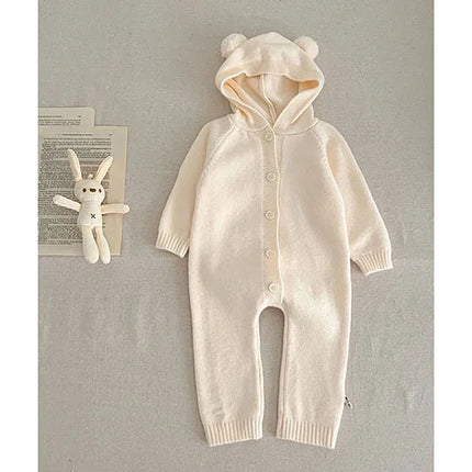2024 New Autumn Winter Toddler Baby Boys Girl Knitted Romper Long Sleeved Solid Color Hooded Infant  Baby Knitted Jumpsuit