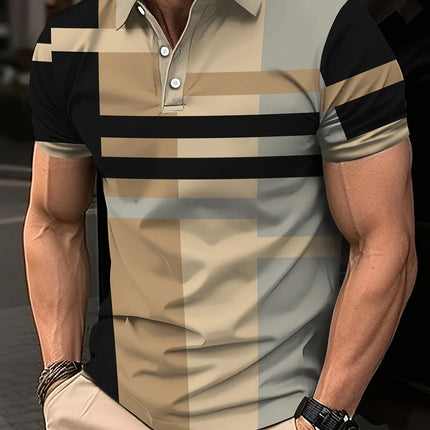 Summer men's golf striped pattern polo short-sleeved polo shirt collar shirt business casual outdoor 3d printed geometric polo