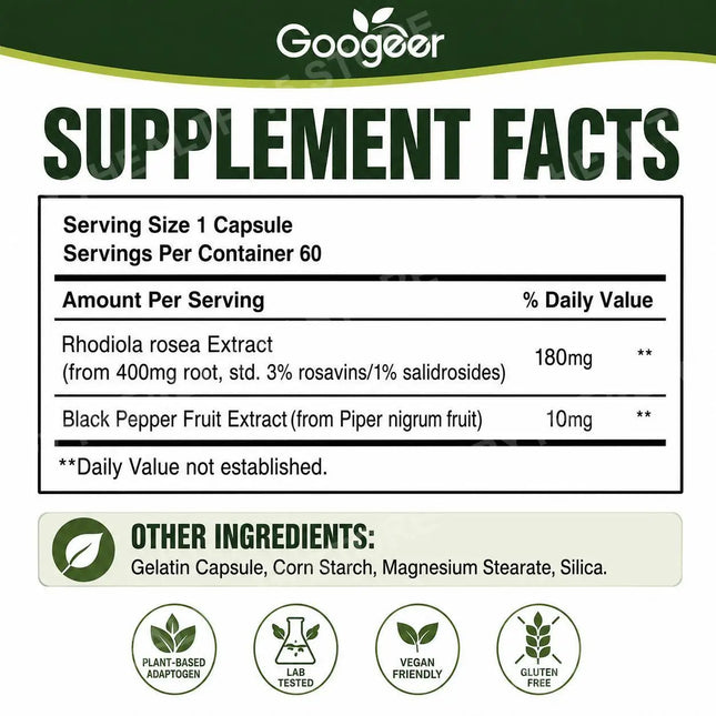 Googeer Rhodiola Rosea Capsules 400mg Root Equivalent with Black Pepper Extract 60 Count Botanical Daily Wellness Supplement