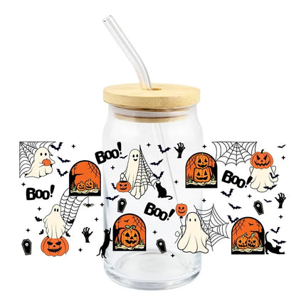 Halloween UV DTF 3D Ghost Design Transfer Sticker Wraps Cup Libbey Glass Cup 16 oz Waterproof Decals DIY Cartoon