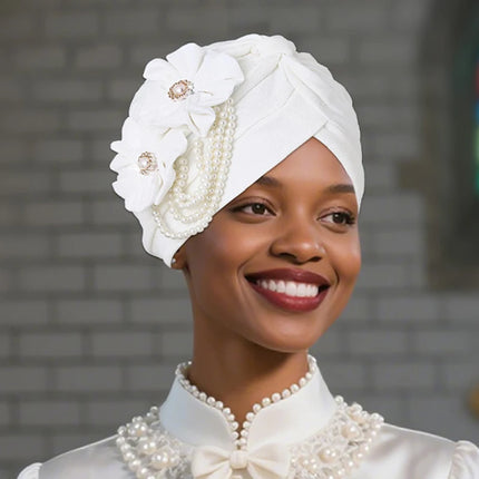 Pearls Beading Turban Cap for Women Flower Design Female Head Wraps Muslim Headscarf Bonnet Hairloss Hat Cover
