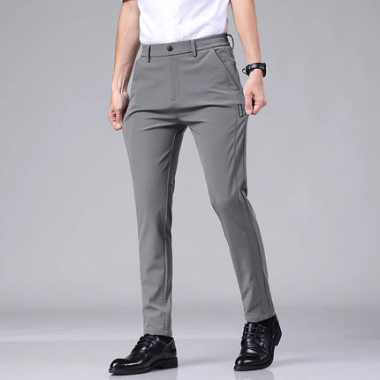 Ultra-thin Elastic Men's Casual Trousers Summer Quick-drying Ice Silk Slim Straight Business Solid Color Trousers Black Gray