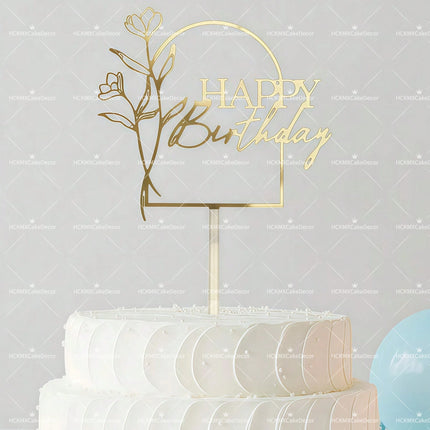 3PCS Gold Acrylic Happy Birthday Cake Topper with Line Art Flower Elegant Floral Cake Decoration for Birthday Party