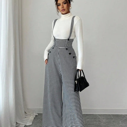 Overalls for Women's Winter Jumpsuit Black White Vintage Wide Leg Suspender Pants for Office Commute Casual Female Clothing