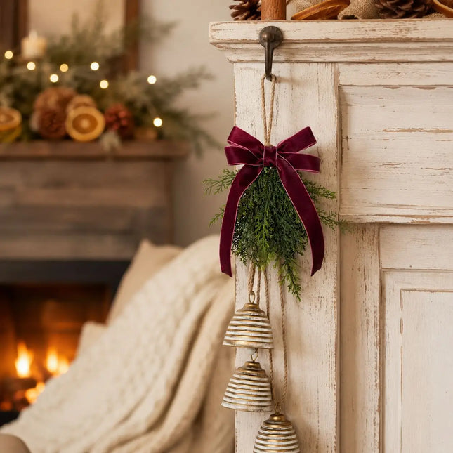 Christmas Hanging Bell Decor, Artificial Cedar Greenery with Distressed Vintage Metal Bell for Door, Fireplace & Wall Decoration