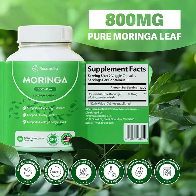 Moringa Powder Capsules - 800mg of Pure Nutrient-Rich Moringa Powder,A Natural Green Antioxidant Superfood,Energy Immune Support