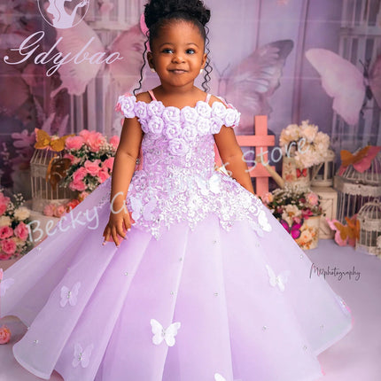 Customized Pink Flower Girl Dresses For Wedding Appliques Butterflies Pearls Cute Kids Birthday Party First Communion Gown