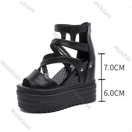 Wedges 13cm Super High Heels Sandals Thick Bottom Fashion Height Increase Cross Strap Fish Mouth Women's Shoes Casual Sandales