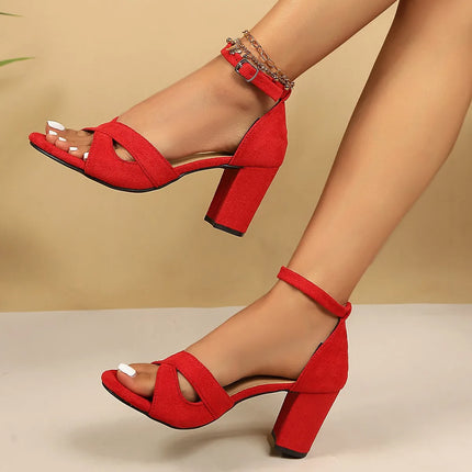 Ladies' Sandals, Red Open Toed Sandals High Heels Thick Heels Lightweight Shoes 2026 Fashionable and Elegant Evening Shoes