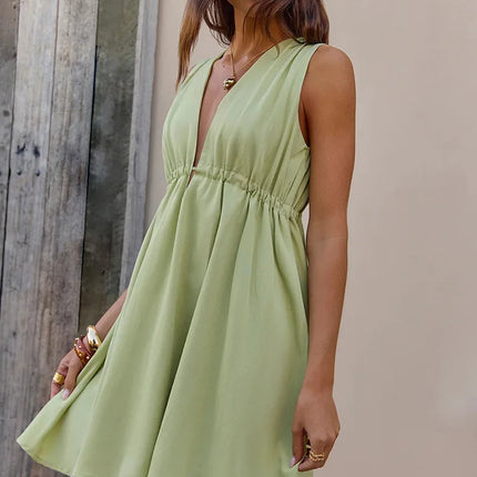 Rinabe Summer V Neck Solid Color Sleeveless Dresses Women Loose Beach Dresses New Fashion Sexy  Backless Beach Casual Clothes