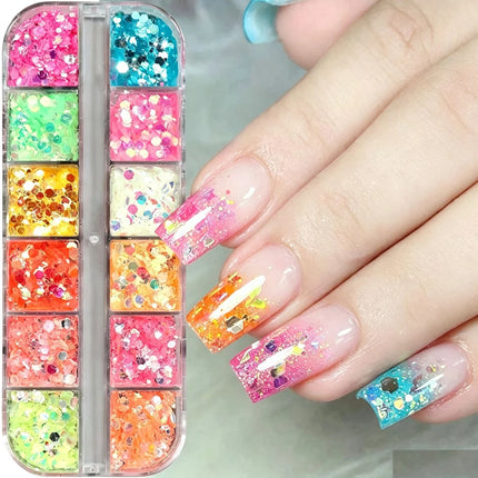 12 Grids Fluorescence Hexagon Nail Art Sequins Shiny Chameleon Iridescent Nail Glitter Powder Shimmery Flakes Nail Decoration