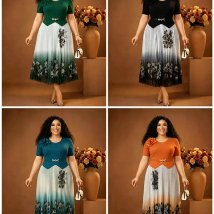 Miyake 2026 Summer New Fashion Design Sense Waist Printing Color Matching Big Pendulum Dress Elegant Women's Clothing