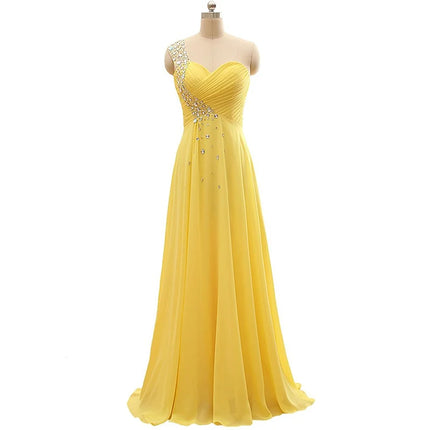 A Line Chiffon One Shoulder Bridesmaid Dresses Crystals Beading Pleat Elegant Wedding Party Formal Prom Evening Corset Back