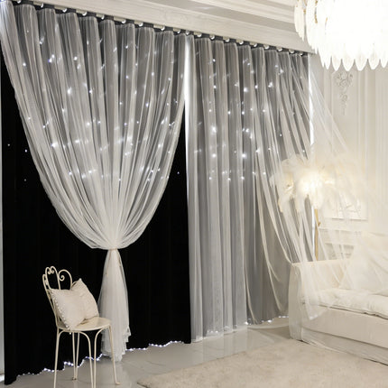 1pc 100% Blackout Curtains with Star Cutouts  Integrated Sheer Overlay Thermal Insulated Privacy Protect for Bedroom and Living