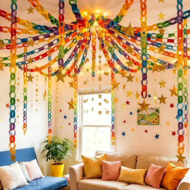 100pcs/set Colorful Paper Chain Garland Strips with Double Sided Tape DIY Construction Paper Chain for Birthday Kids Party Decor