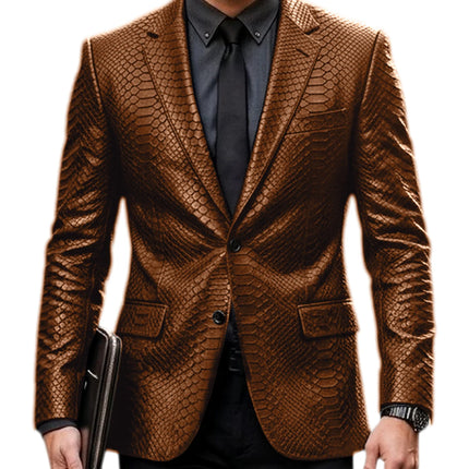 Men's Luxury Crocodile Pattern Leather Blazer Slim Fit Two Button Notch Lapel Suit Jacket Business Casual Wedding Tuxedo Dress