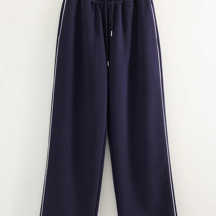 Women Sweatpants Cotton Red Side Striped Sports Pants Straight Elastic Waist Pants For Women Navy Blue Sweatpants With Stripe