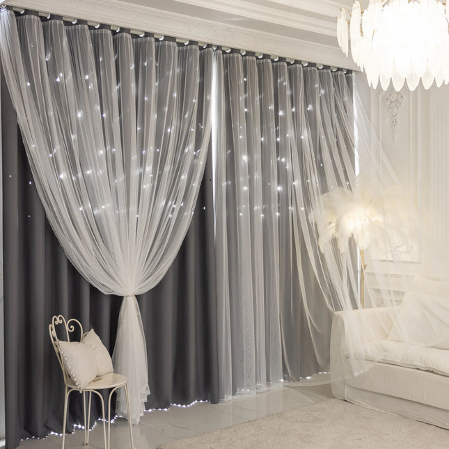 1pc 100% Blackout Curtains with Star Cutouts  Integrated Sheer Overlay Thermal Insulated Privacy Protect for Bedroom and Living