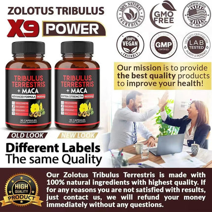 Premium Tribulus Terrestris Capsules - Combined with Ashwagandha, Panax Ginseng & Maca Boost Energy - 90 Counts for 3 Months