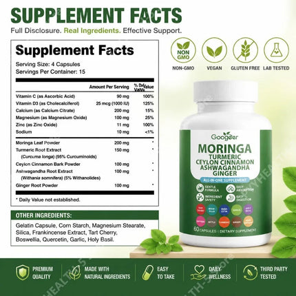 Googeer Moringa Turmeric Capsules All-in-one for Joint Health Support with Ashwagandha Ginger and Ceylon Cinnamon 60 Capsules