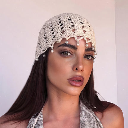 Korean Style Handmade Crochet Hat Women Summer Hollow Pearl Knitted Hat Fashion Mesh Hat Pullover Hat Cute And Sweet Beanie Hat