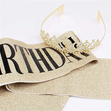 Bling Rhinestone Crystal Crown Birthday Anniversary Decoration Happy Birthday Queen Satin Sash Party Supplies