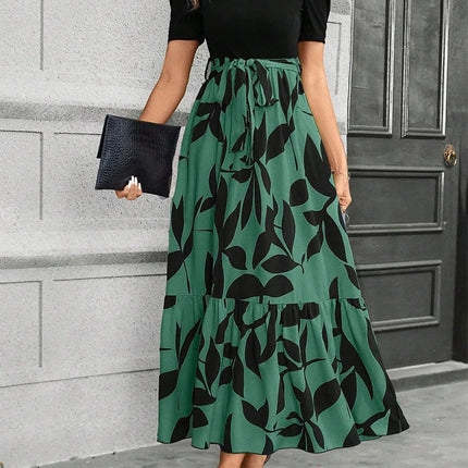 Elegant Floral Print Round Neck Long Dresses Women Short Sleeve High Waist Lace-up Office Lady Holiday Party Dresses Vestidos