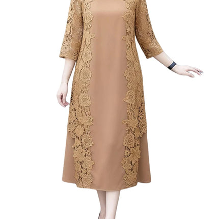 ZANZEA Women Stylish Lace Patchwork Dresses 2025 Autumn 3/4 Sleeve Office Sundress Embroidered Midi Robe Elegant Party Dress