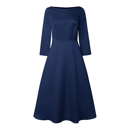 ZANZEA Elegant Satin Black Party Midi Dresses Women's Boatneck 3/4 Sleeve Fit and Flare A-Line Dress Wedding Guest Woman Clothes