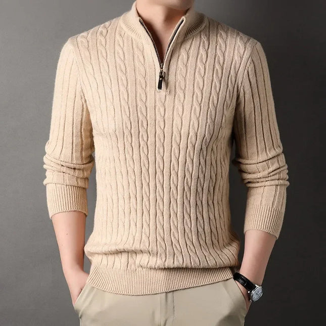 Cashmere Blend Sweater Men's O-neck Jacquard Double Ply Thickened Half High Collar Zipper Pullover Light Luxury Knitted Bottom