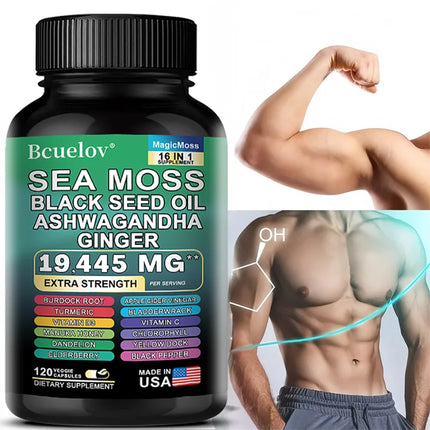 Sea Moss Capsules with Black Seed Oil Ashwagandha Turmeric Complex, Energy Immune Digestive Skin & Stress Relief Support