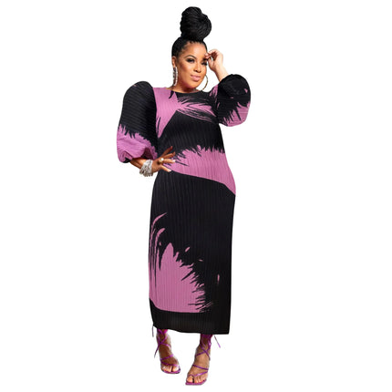 Elegant Women Pleated Half Lantern Sleeve O-neck Slim Maxi Long Dress Print Fashion Autumn 2026 Ruched Dresses Vestidos