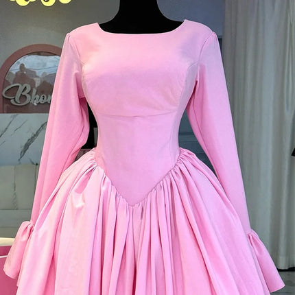 Mid Length Dress Women A Line Dresses Pleated Round Neck Casual Elegant Pink Party Vestidos High Waist Night Wedding Lace Up