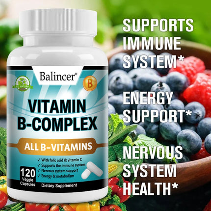 Vitamin B Complex Capsules with Vitamin C & Folic Acid, Antioxidant, Daily Energy Metabolism & Body Immune Wellness Support