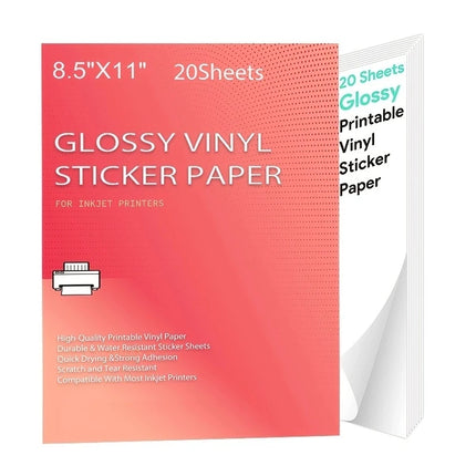 Printable Vinyl Sticker Paper for Inkjet laser Printer Glossy White Matte 20 Self-Adhesive Sheets Waterproof Decal Paper 8.5x11'