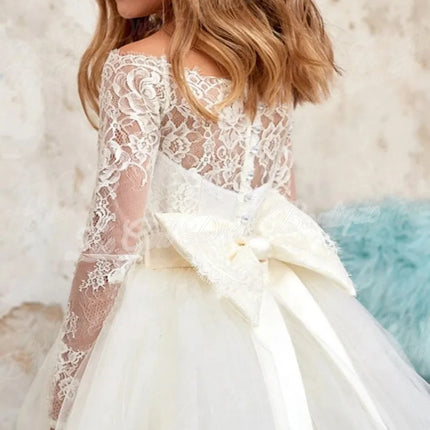 White Full Lace Long Sleeve Tulle Flower Girl Dress Back Bow Floor Length Kids First Holy Communion Wedding Birthday Custom Gown