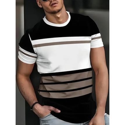 Summer classic men's T-shirt: Outdoor round-neck short-sleeved top with striped print, loose street men's T-shirt with additiona