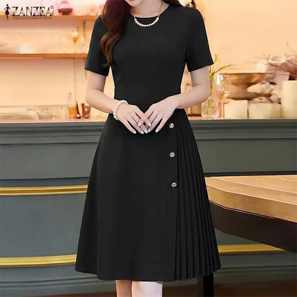 Stylish Pleated Dresses ZANZEA Women Summer Solid OL Work Dress Elegant A-line Knee Length Robe O Neck Short Sleeve Sundress