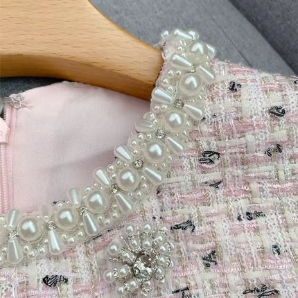 Spring Summer New Fashion Pink Tweed Handmade Beaded O Neck Dress Women Elegant Short Sleeve Slim Robe with Sashes Ladies 2025