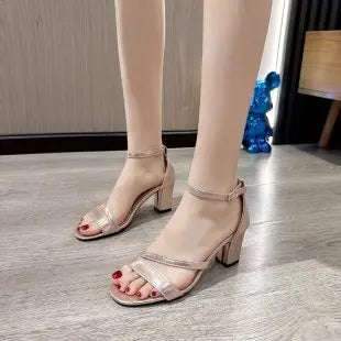 One-line Buckle High-heeled Sandals Summer Casual Versatile Comfortable Women's Shoes New Fashion Square-heeled Women Sandals