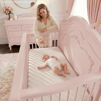 5 in 1 Convertible Baby Crib Dusty Rose 3 Height Adjustable Toddler Daybed Full Size Bed with Ribbon Bow Scrollwork and Queen