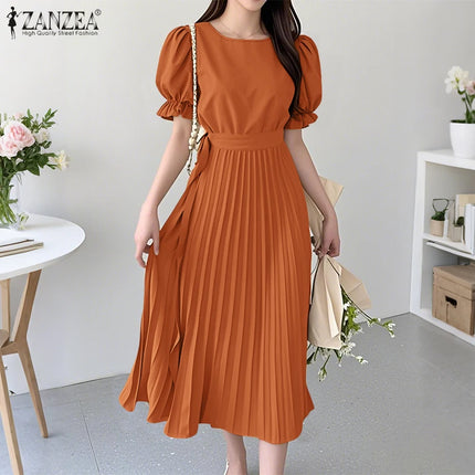 2026 ZANZEA Elegant Pleated Dress Women Summer Sundress Short Puff Sleeve Midi Dresses Solid A Line Work Vestidos Holiday Robe