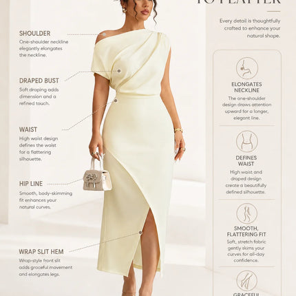 Stretchy Soft Women Off Shoulder Midi Dress, Draped Ruched Asymmetrical Wrap Split Bodycon Dress, Elegant Cocktail Party Wedding Guest Evening Formal Dresses