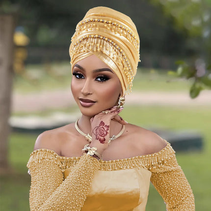 Fashion Turban Cap for Women African Lady Head Wraps with Beading Tassels Nigeria Weding Party Hat Headwear